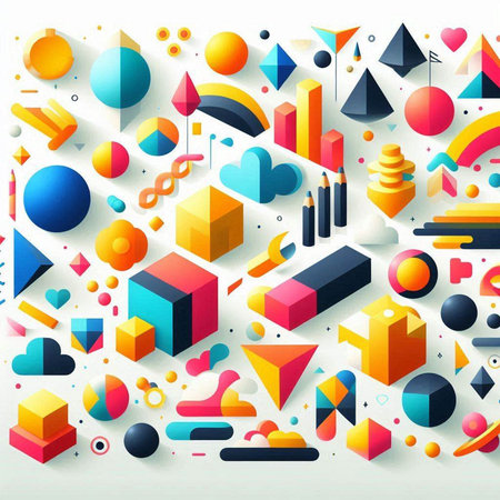 Abstract geometric background with colorful 3d shapes and balls. Vector illustration.のイラスト素材