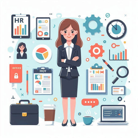 Business woman in office. Business concept. Vector illustration in flat styleのイラスト素材