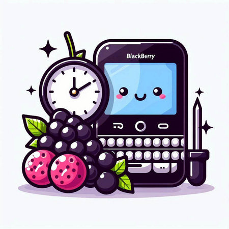 Cute cartoon mobile phone with clock and fruits. Vector illustration.のイラスト素材