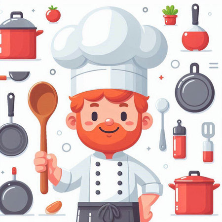 Chef man cartoon character with kitchen tools. Vector illustration in flat styleのイラスト素材