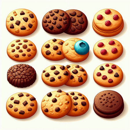 Illustration of a set of chocolate chip cookies with raisinsのイラスト素材