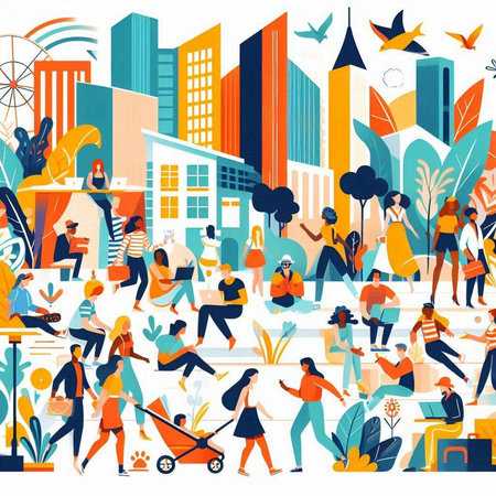 Vector illustration of people walking in the city. Urban life concept.のイラスト素材