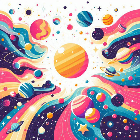 Abstract space background with planets, stars and comets. Vector illustration.のイラスト素材