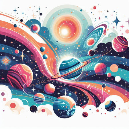 Abstract space background with planets, stars and comets. Vector illustration.のイラスト素材