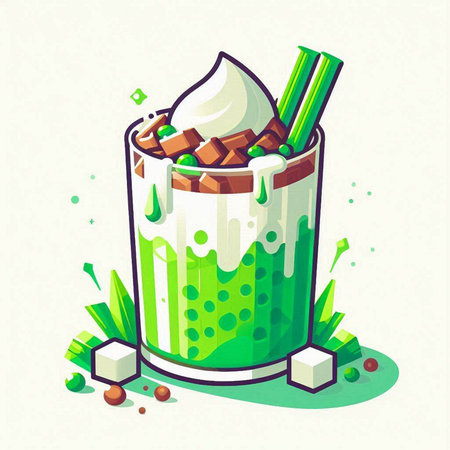 Green tea latte with ice cubes and straws. Vector illustration.のイラスト素材