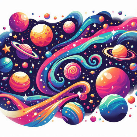Abstract space background with planets, stars and galaxies. Vector illustration.のイラスト素材
