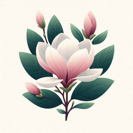 Magnolia flowers with leaves on white background. Vector illustration in retro style.のイラスト素材