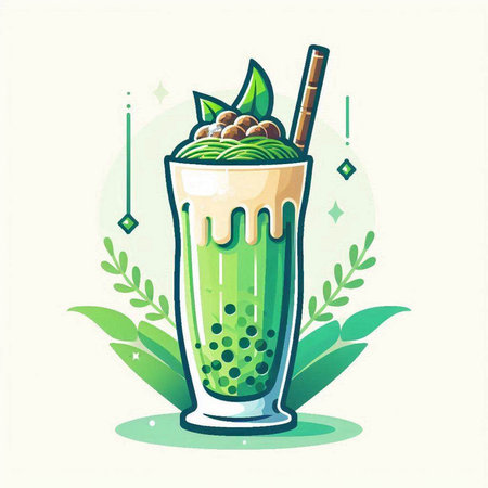 Iced Matcha green tea with whipped cream. Vector illustration.のイラスト素材