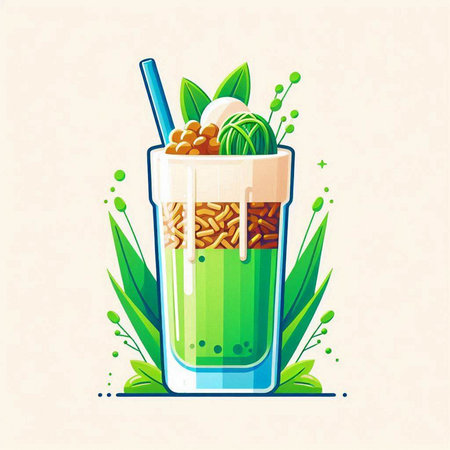 Green tea smoothie in glass with straw. Cartoon vector illustration.のイラスト素材