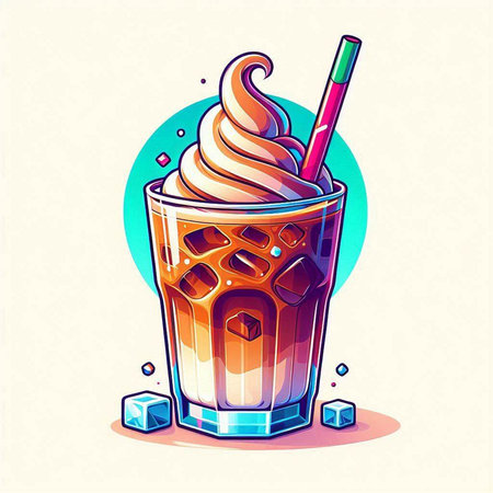 Vector illustration of a glass of ice coffee with whipped cream and strawのイラスト素材
