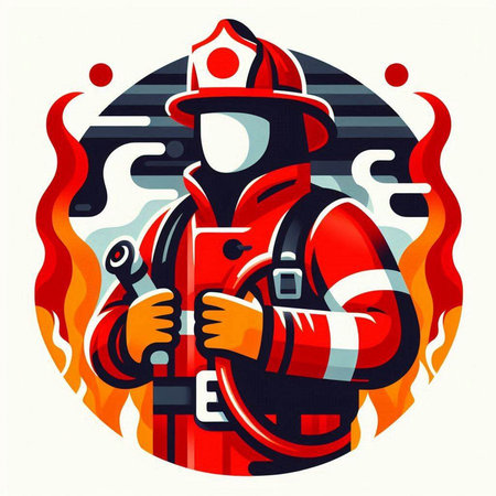 Firefighter in fire fighting suit holding a wrench. Vector illustration.のイラスト素材
