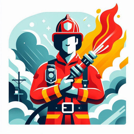 Firefighter with a torch in his hand. Flat vector illustration.のイラスト素材