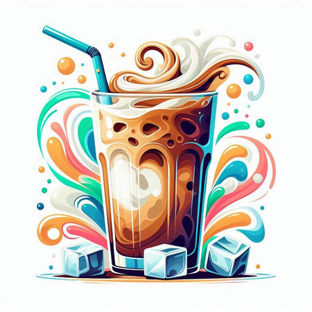 Illustration of iced coffee with ice cubes and straw. Vector illustration.のイラスト素材