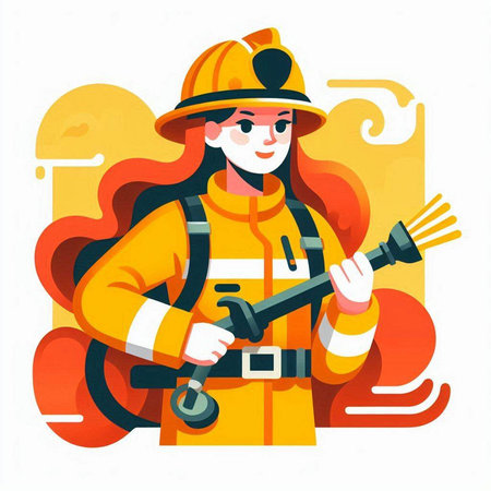 Firefighter in uniform with hose and axe. Flat vector illustration.のイラスト素材