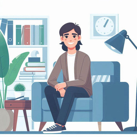 Young man sitting on sofa at home. Vector flat cartoon illustration.のイラスト素材