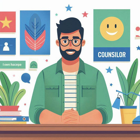 Vector illustration of a man with a beard and glasses sitting at the table in front of the window.のイラスト素材