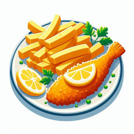 Fried fish with lemon and parsley on a plate. Vector illustrationのイラスト素材