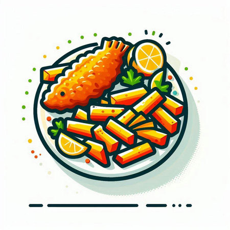 Fried fish with lemon and parsley on a plate. Vector illustration.のイラスト素材