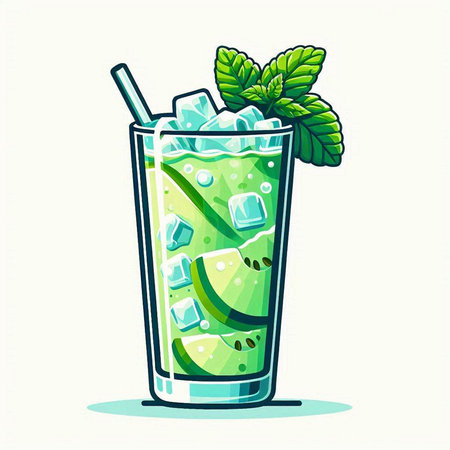 Vector illustration of glass of mojito with ice cubes and mint leavesのイラスト素材