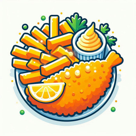 Fried fish and chips. Vector illustration of fried fish with lemon and mayonnaise.のイラスト素材