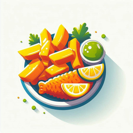 Fried fish with lemon and lime on a plate. Vector illustration.のイラスト素材
