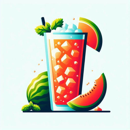 Watermelon smoothie with ice cubes and mint. Vector illustration.のイラスト素材