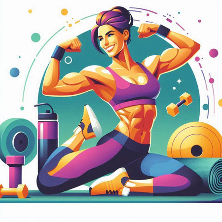 Fitness girl with dumbbells. Vector illustration in cartoon styleのイラスト素材