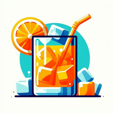 Cocktail with ice cubes, orange and straw. Vector illustration.のイラスト素材