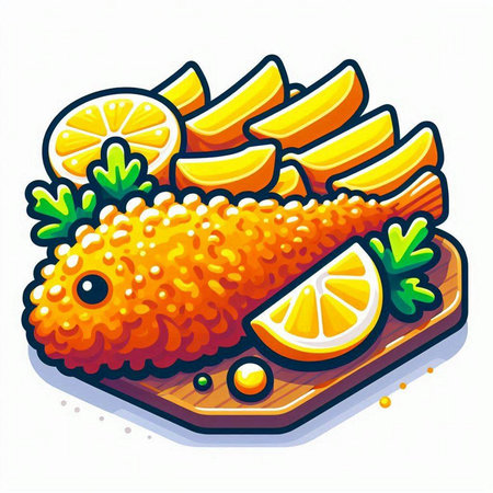 Fried fish on a cutting board with lemon and parsley. Vector illustrationのイラスト素材