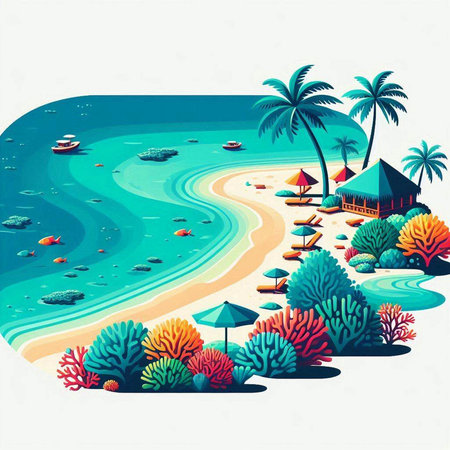 Tropical island with palm trees and sand beach. Vector illustration.のイラスト素材