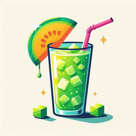 Green smoothie with ice cubes and straw. Vector illustration in cartoon style.のイラスト素材