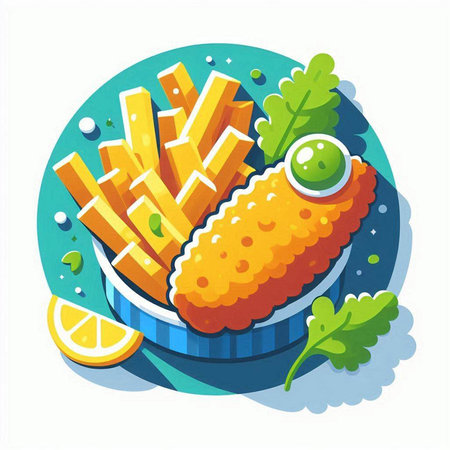 Fried fish with french fries. Vector illustration in cartoon style.のイラスト素材