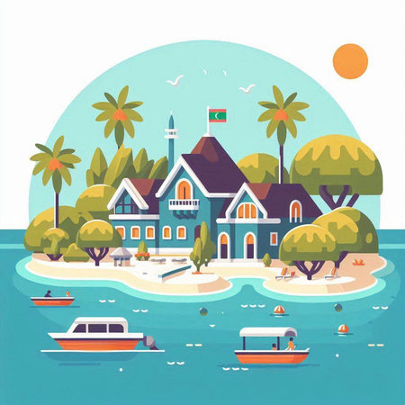 Tropical island with house, palm trees and boats. Vector illustrationのイラスト素材