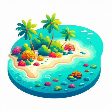 Isometric island with palm trees and coral reef. Vector illustration.のイラスト素材