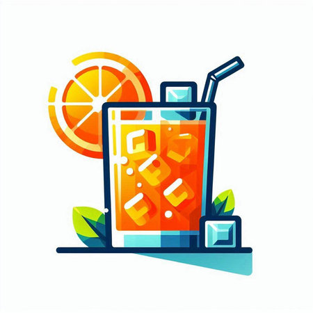 Cocktail with ice cubes, orange slice and straw. Vector illustrationのイラスト素材