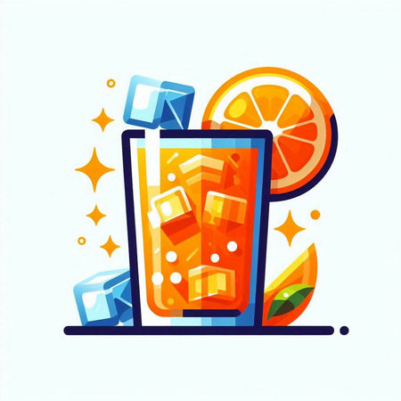 Orange juice in a glass with ice cubes and orange slices. Vector illustration.のイラスト素材