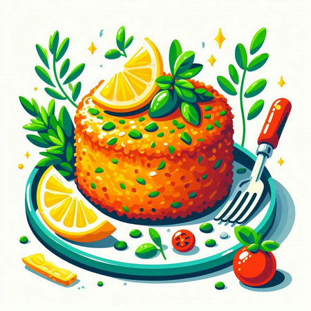 Orange cake with lemon and mint on a plate. Vector illustration.のイラスト素材