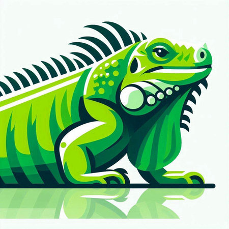 Green iguana on a white background with reflection. Vector illustration.のイラスト素材