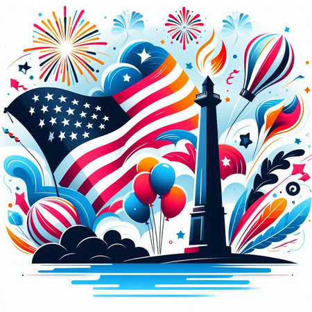vector illustration of USA Independence Day background with flag, fireworks and balloonsのイラスト素材