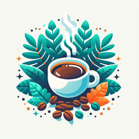 Coffee cup and leaves. Vector illustration in flat style.のイラスト素材