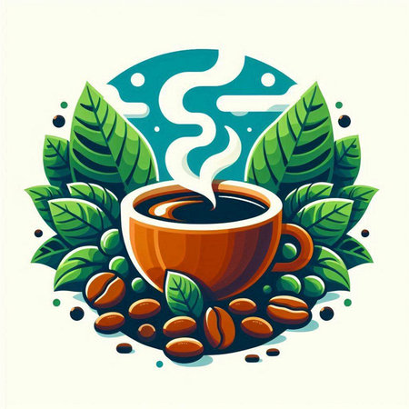 Coffee cup with coffee beans and leaves. Vector illustration.のイラスト素材