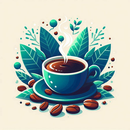Coffee cup with coffee beans and leaves. Vector illustration.のイラスト素材