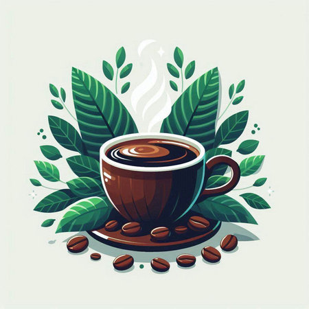 Coffee cup and coffee beans with leaves. Vector illustration.のイラスト素材