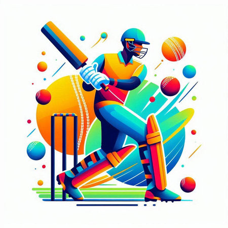 Cricket player in action with bats and balls, vector illustrationのイラスト素材