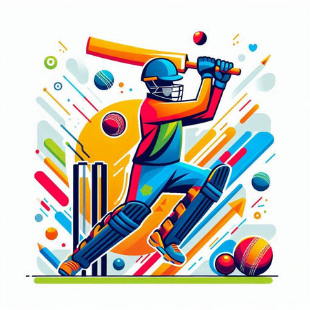Cricket player in action with bats and balls. Vector illustration.のイラスト素材