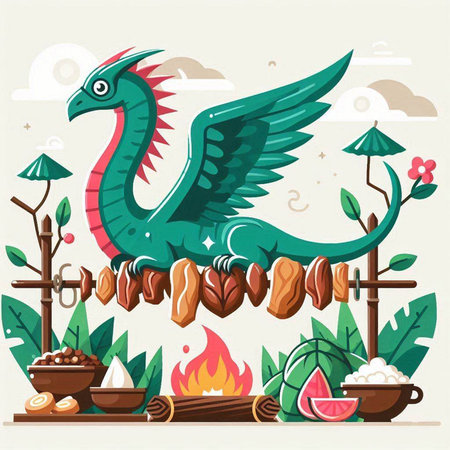 Vector illustration of a dragon on the background of the nature. Flat style.のイラスト素材