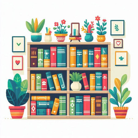 Bookshelf with books and plants. Vector illustration in flat styleのイラスト素材