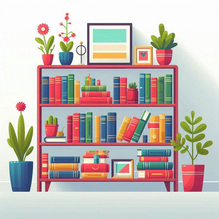 Bookshelf with books and plants. Vector illustration in flat styleのイラスト素材