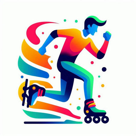 Vector illustration of man riding roller skates on the road. Colorful silhouette.のイラスト素材