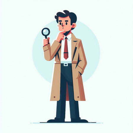 Man looking through magnifying glass. Vector illustration in flat cartoon styleのイラスト素材